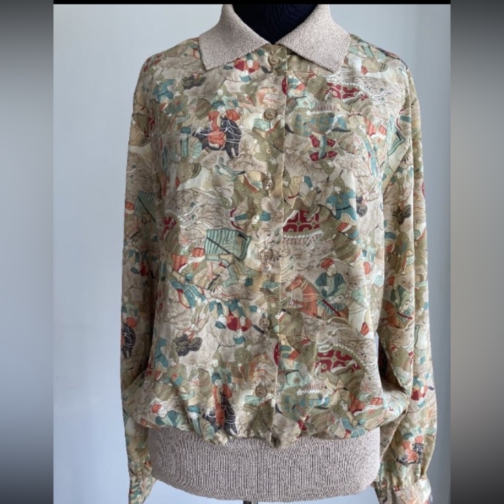 Vintage Castleberry Long Sleeve Asian Battle Collared Blouse